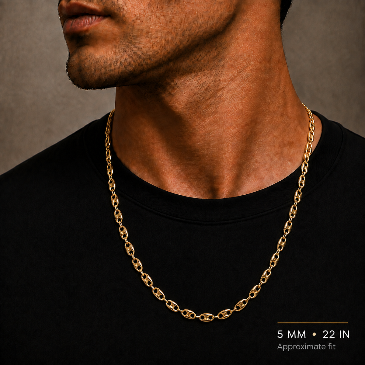 14K Yellow Gold Semi-Solid Puff Chain, shown worn on the neck