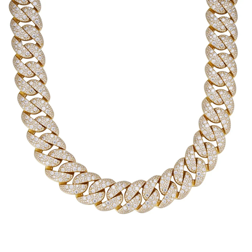 22mm Mosaic Cuban Link VVS D Moissanite Chain – 925 Sterling Silver, 14K Gold Finish