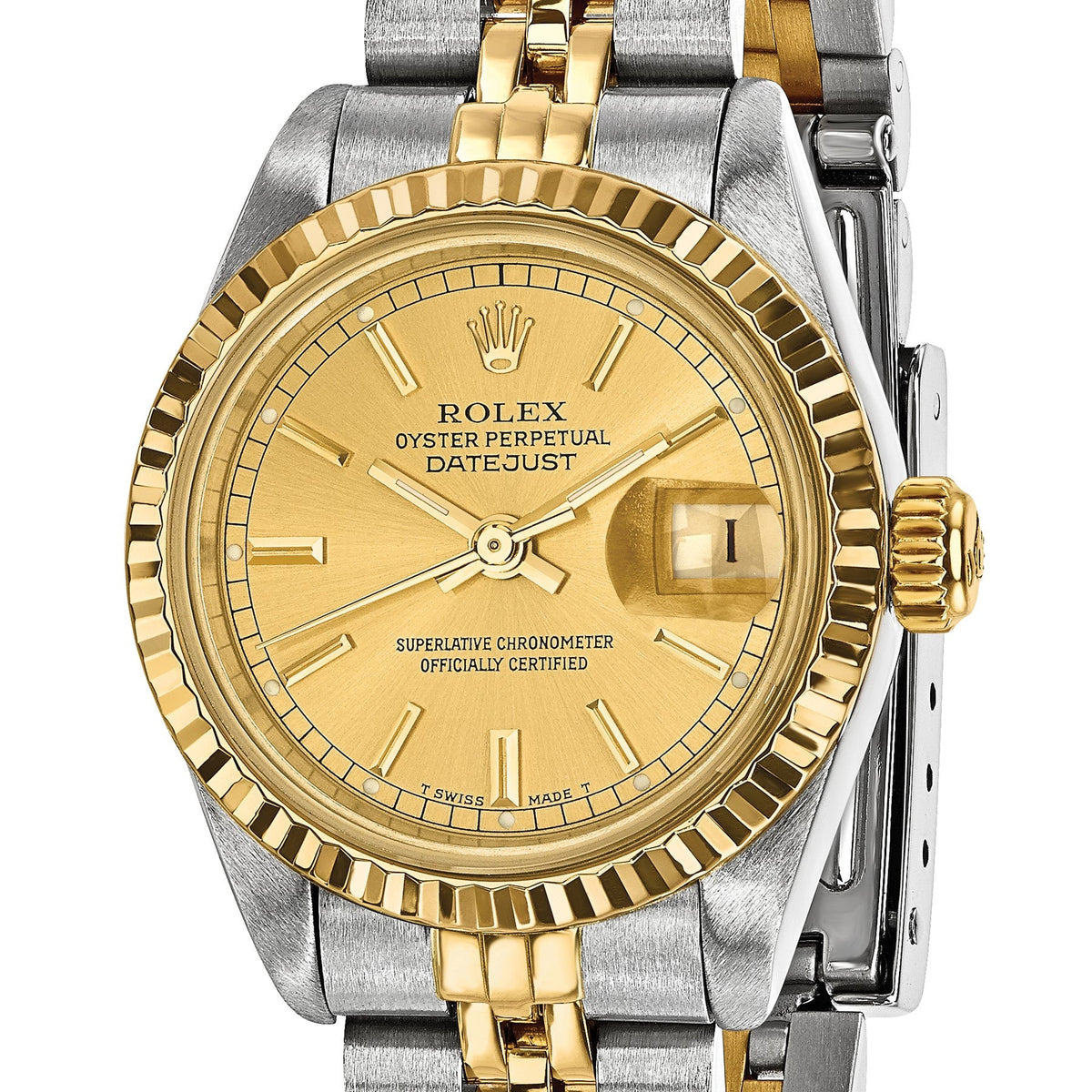 Pre-owned Rolex Datejust 26mm two-tone ladies watch with champagne dial and fluted bezel, another angle
