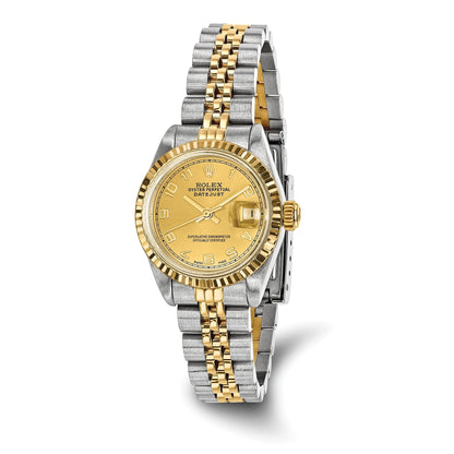Pre-owned Rolex Datejust 26mm two-tone ladies watch with champagne dial and fluted bezel, detail shot