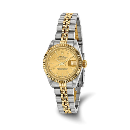 Pre-owned Rolex Datejust 26mm two-tone steel and 18K gold ladies watch with champagne dial and fluted bezel on a Jubilee bracelet