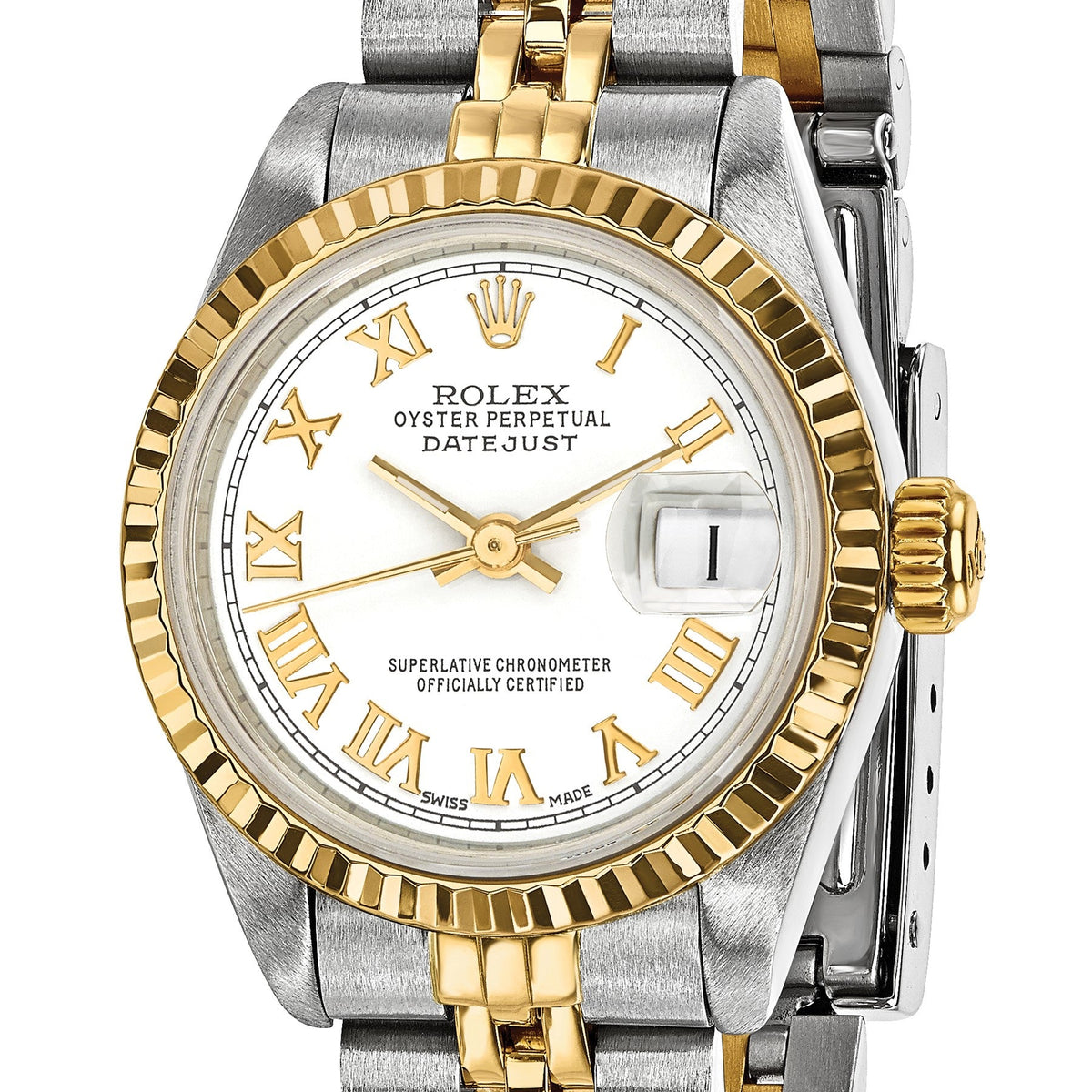Pre-owned Rolex Datejust 26mm two-tone ladies watch with white Roman numeral dial and fluted bezel, another angle