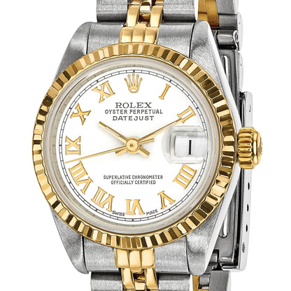Pre-owned Rolex Datejust 26mm two-tone ladies watch with white Roman numeral dial and fluted bezel, further view