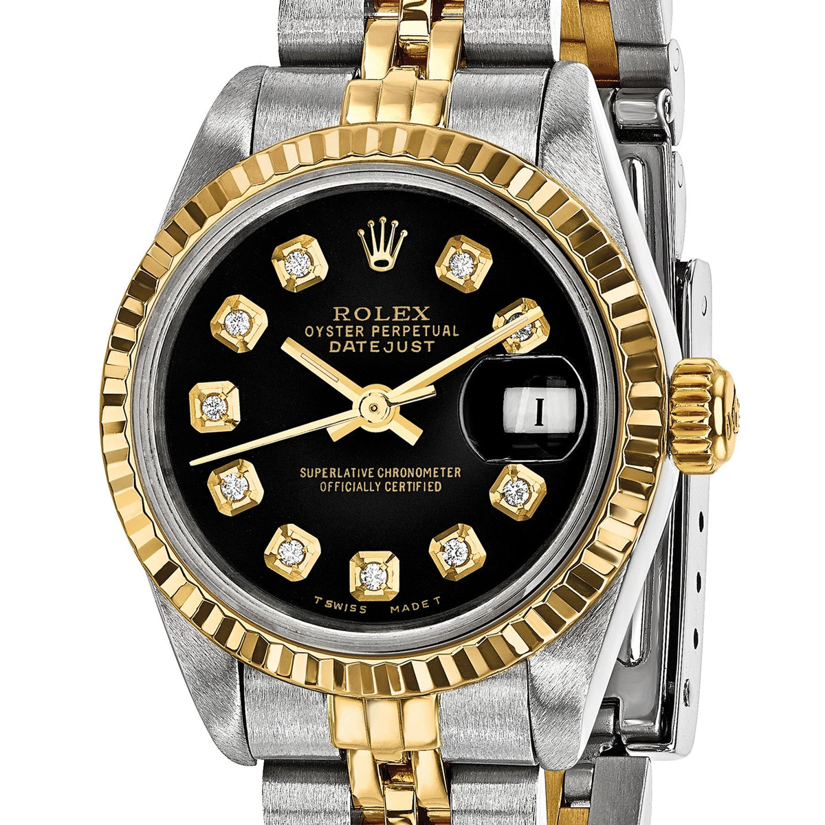 Pre-owned Rolex Datejust 26mm two-tone ladies watch with black diamond dial and fluted bezel, further view