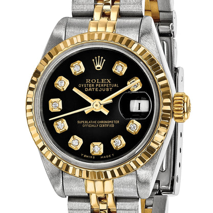 Pre-owned Rolex Datejust 26mm two-tone ladies watch with black diamond dial and fluted bezel, further view