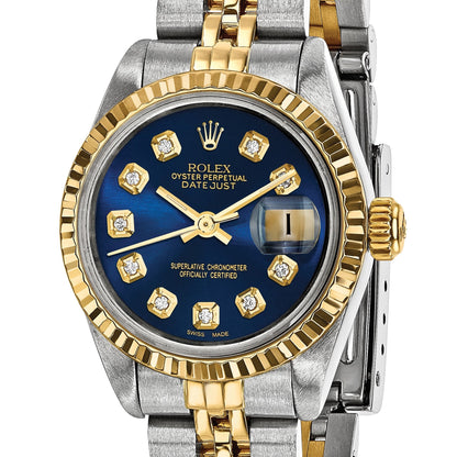 Pre-owned Rolex Datejust 26mm two-tone ladies watch with blue diamond dial and fluted bezel, another angle