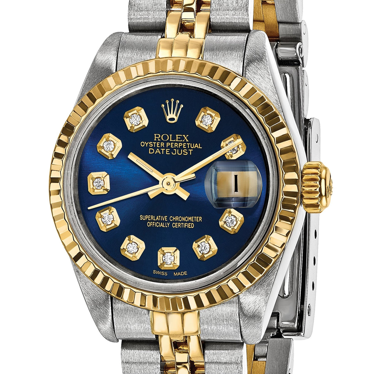 Pre-owned Rolex Datejust 26mm two-tone ladies watch with blue diamond dial and fluted bezel, further view