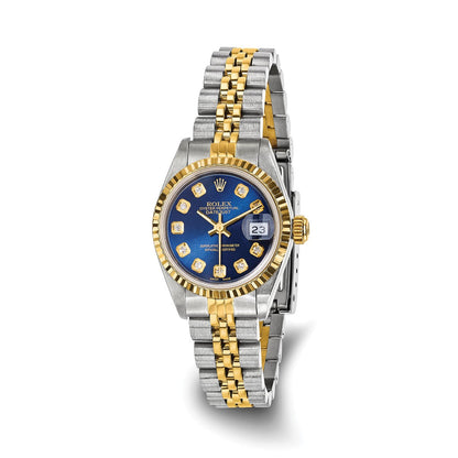 Pre-owned Rolex Datejust 26mm two-tone steel and 18K gold ladies watch with blue diamond dial and fluted bezel on a Jubilee bracelet