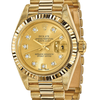 Pre-owned Rolex Datejust President 26mm 18K gold ladies watch with champagne diamond dial, another angle