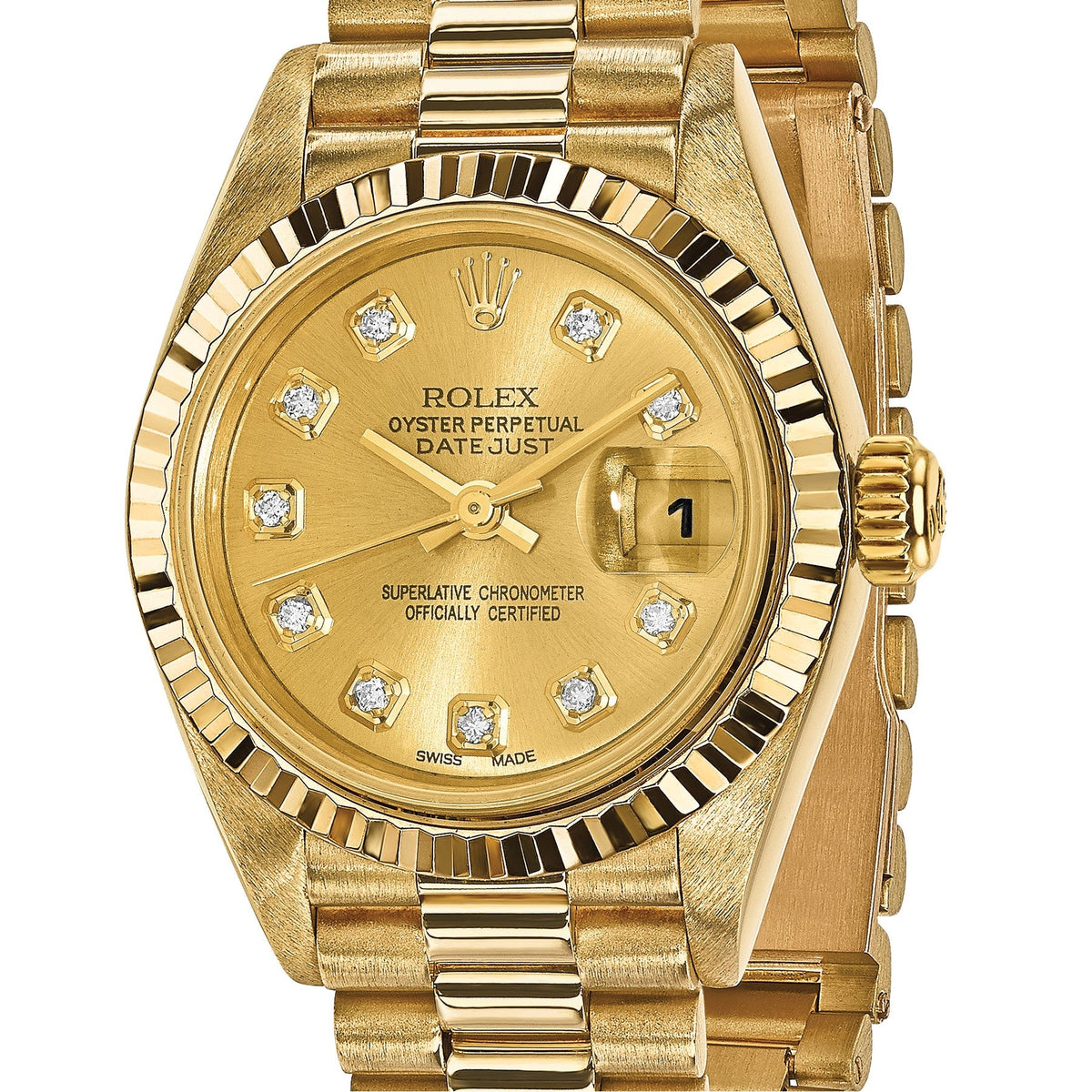 Pre-owned Rolex Datejust President 26mm 18K gold ladies watch with champagne diamond dial, further view