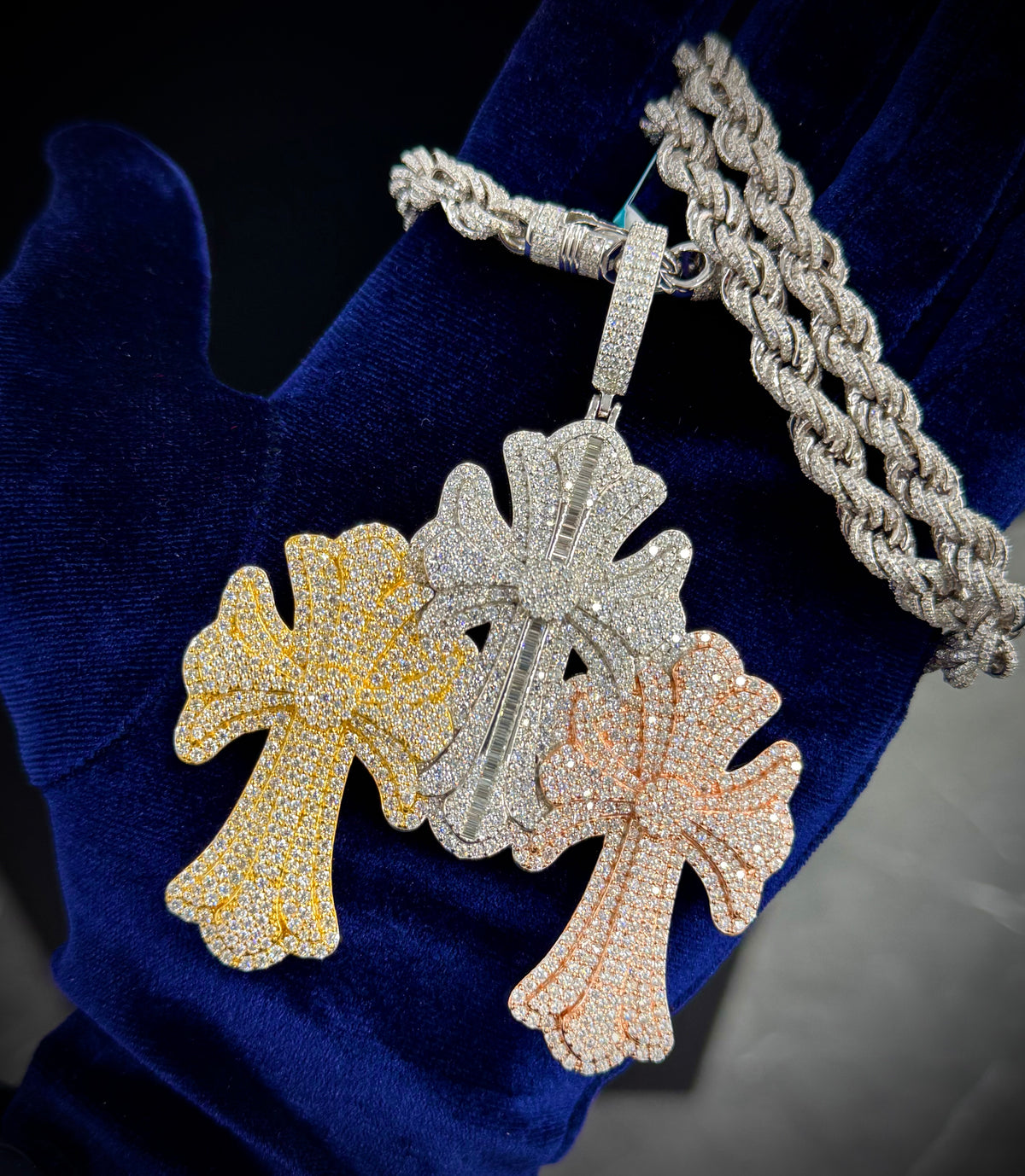 Moissanite Triple Cross Tri-Color Pendant, 925 Silver, view 3