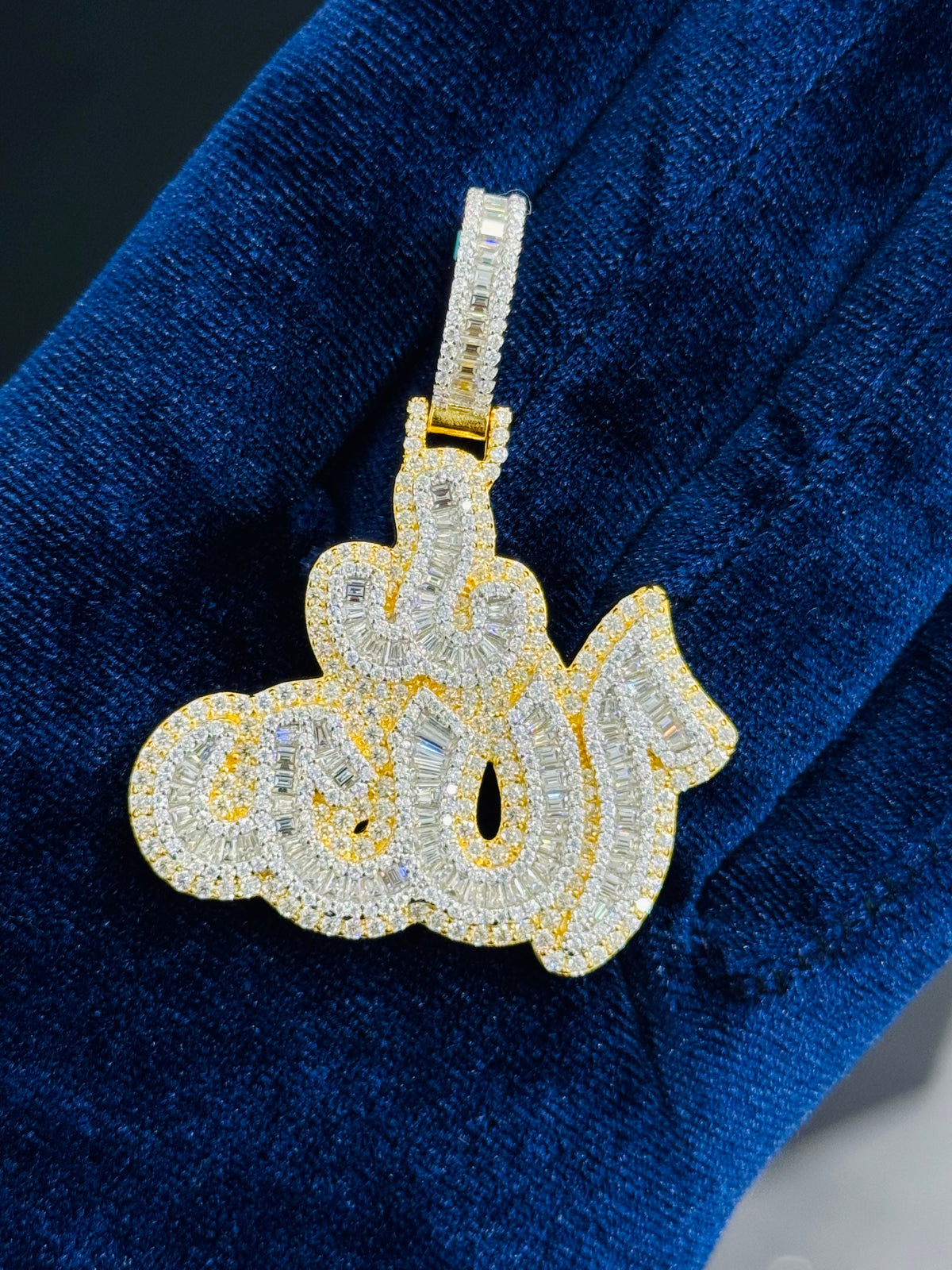 Moissanite Allah Pendant, 925 Yellow Silver, view 3