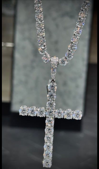 Moissanite Cross Pendant and Tennis Chain Set, 925 Silver, view 2