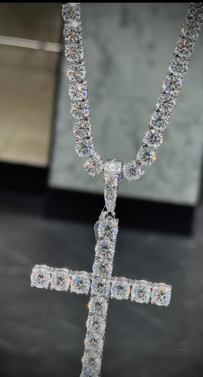 Moissanite Cross Pendant and Tennis Chain Set, 925 Silver, view 3