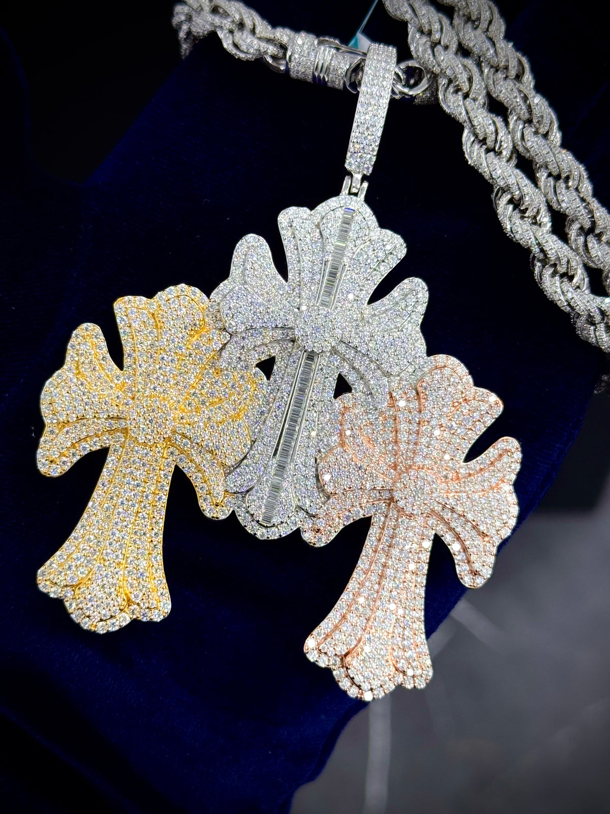 Moissanite Triple Cross Tri-Color Pendant, 925 Silver, view 2