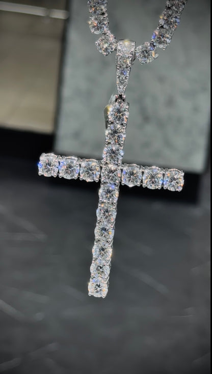 Moissanite Cross Pendant and Tennis Chain Set, 925 Silver, view 4