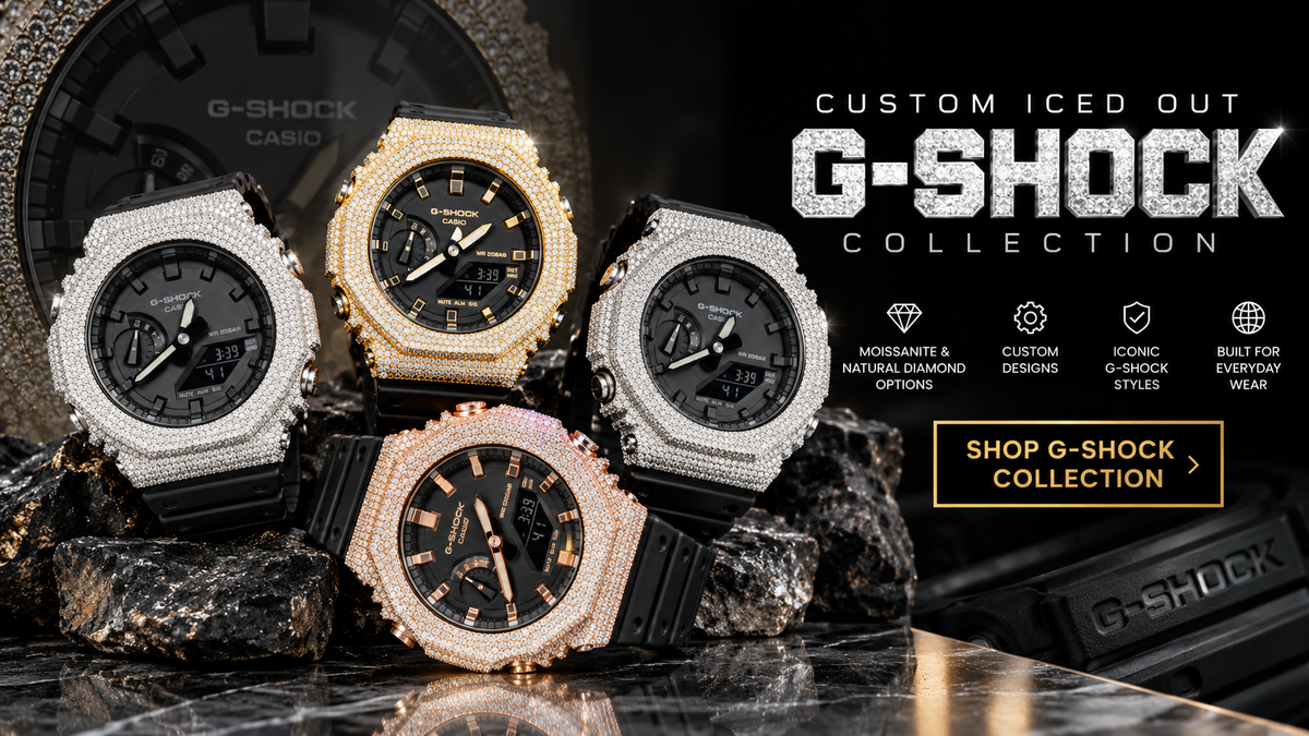 Iced out moissanite G-Shock watches at Shine Jewelers