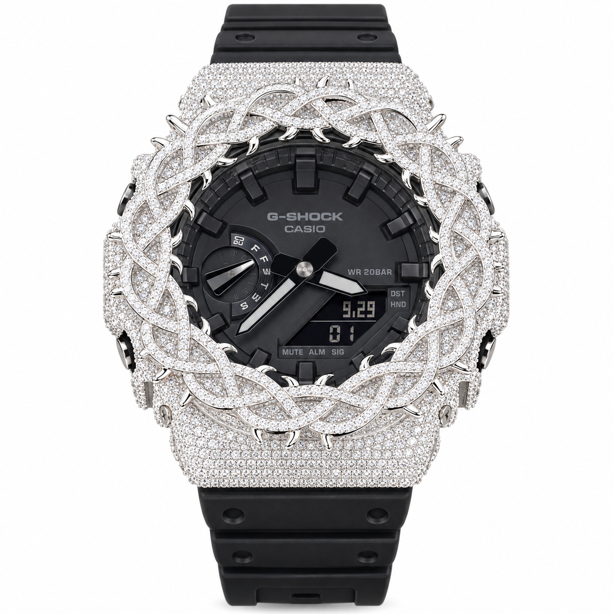 Iced Out Moissanite G-Shock GA-2100 Watch – Braided Link Bezel, Black Band – view 2