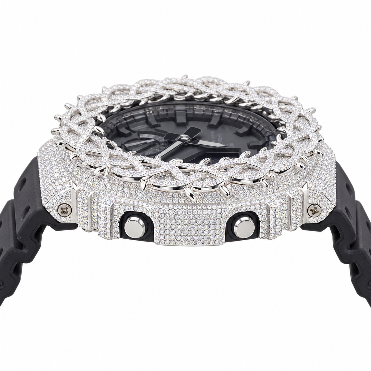 Iced Out Moissanite G-Shock GA-2100 Watch – Braided Link Bezel, Black Band – view 4