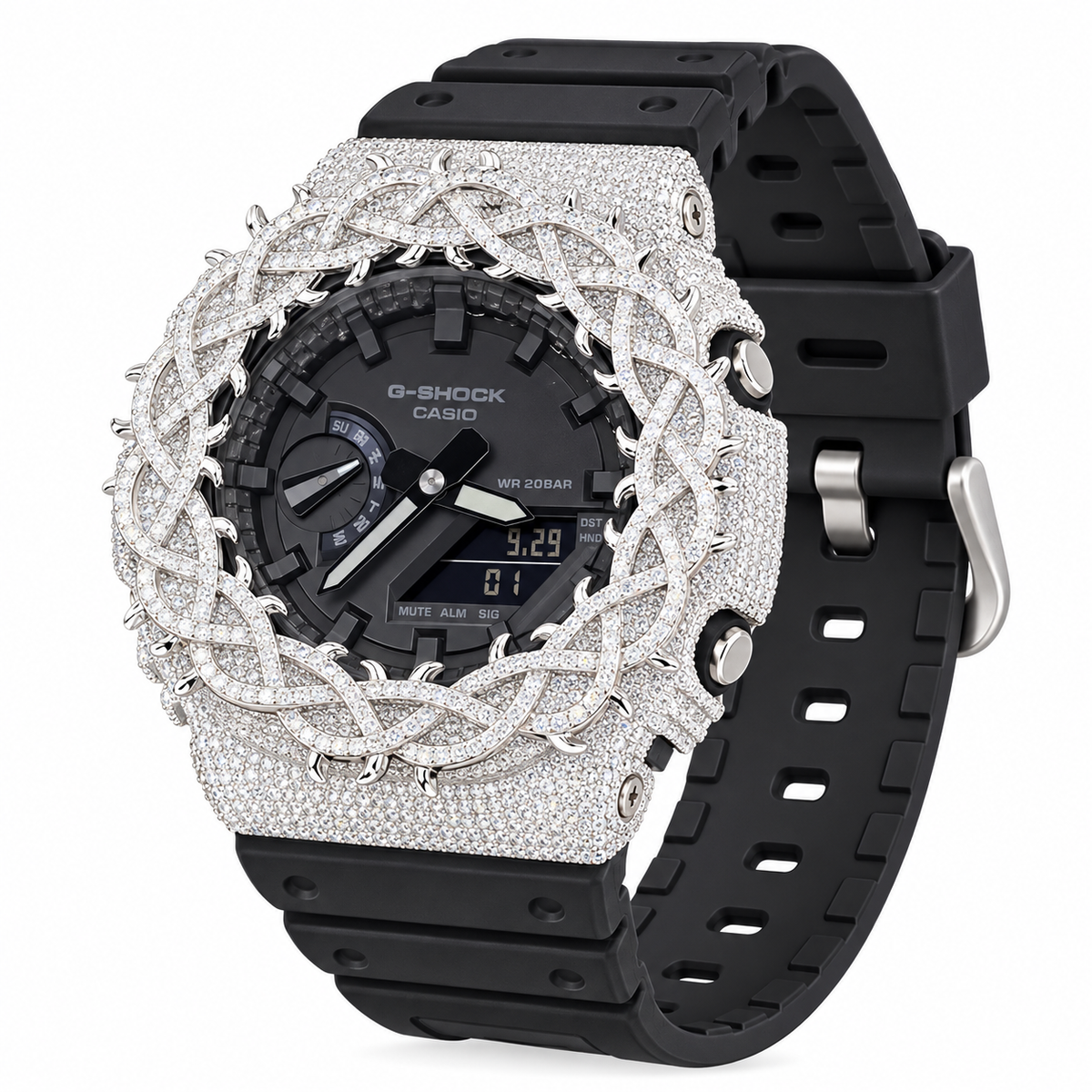 Iced Out Moissanite G-Shock GA-2100 Watch – Braided Link Bezel, Black Band – view 1