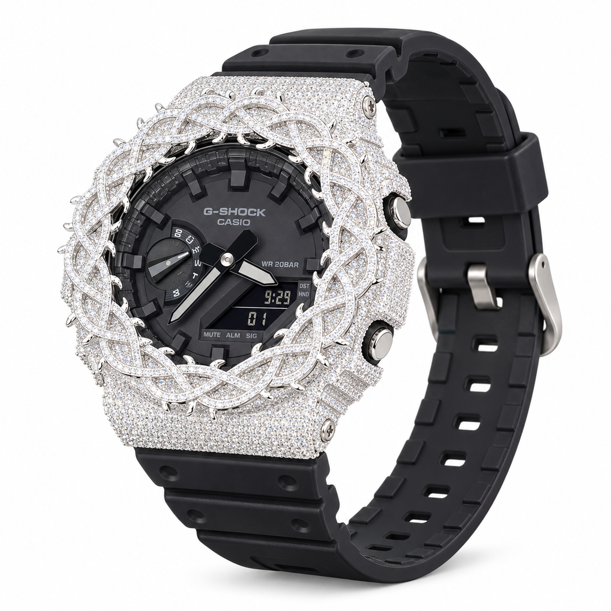 Iced Out Moissanite G-Shock GA-2100 Watch – Braided Link Bezel, Black Band – view 5