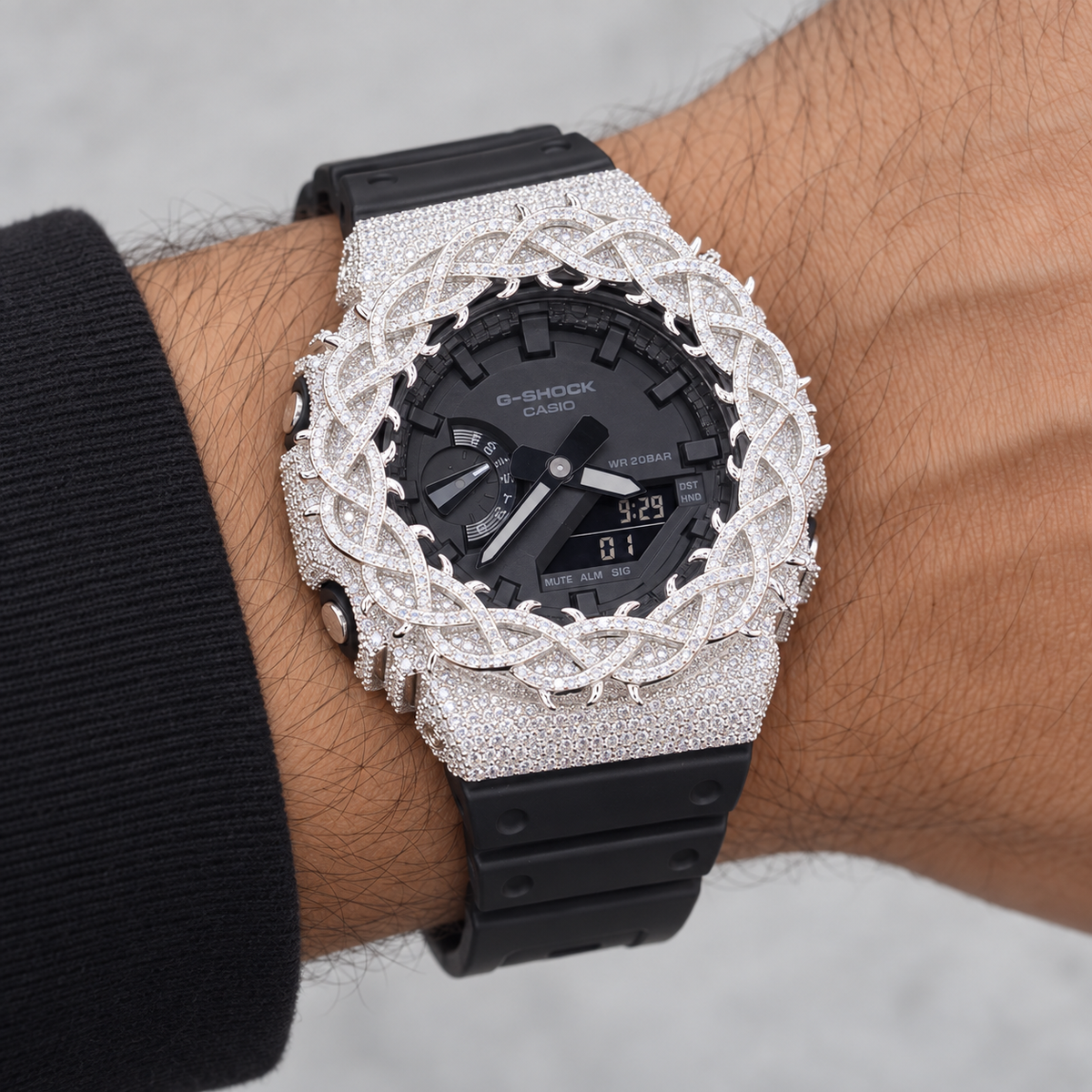 Iced Out Moissanite G-Shock GA-2100 Watch – Braided Link Bezel, Black Band – view 3