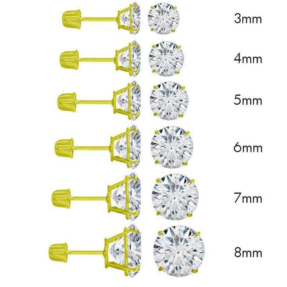 14K gold round moissanite stud earring shown with screw back post