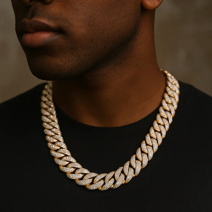22mm Mosaic Cuban Link VVS D Moissanite Chain – 925 Sterling Silver, 14K Gold Finish, view 3