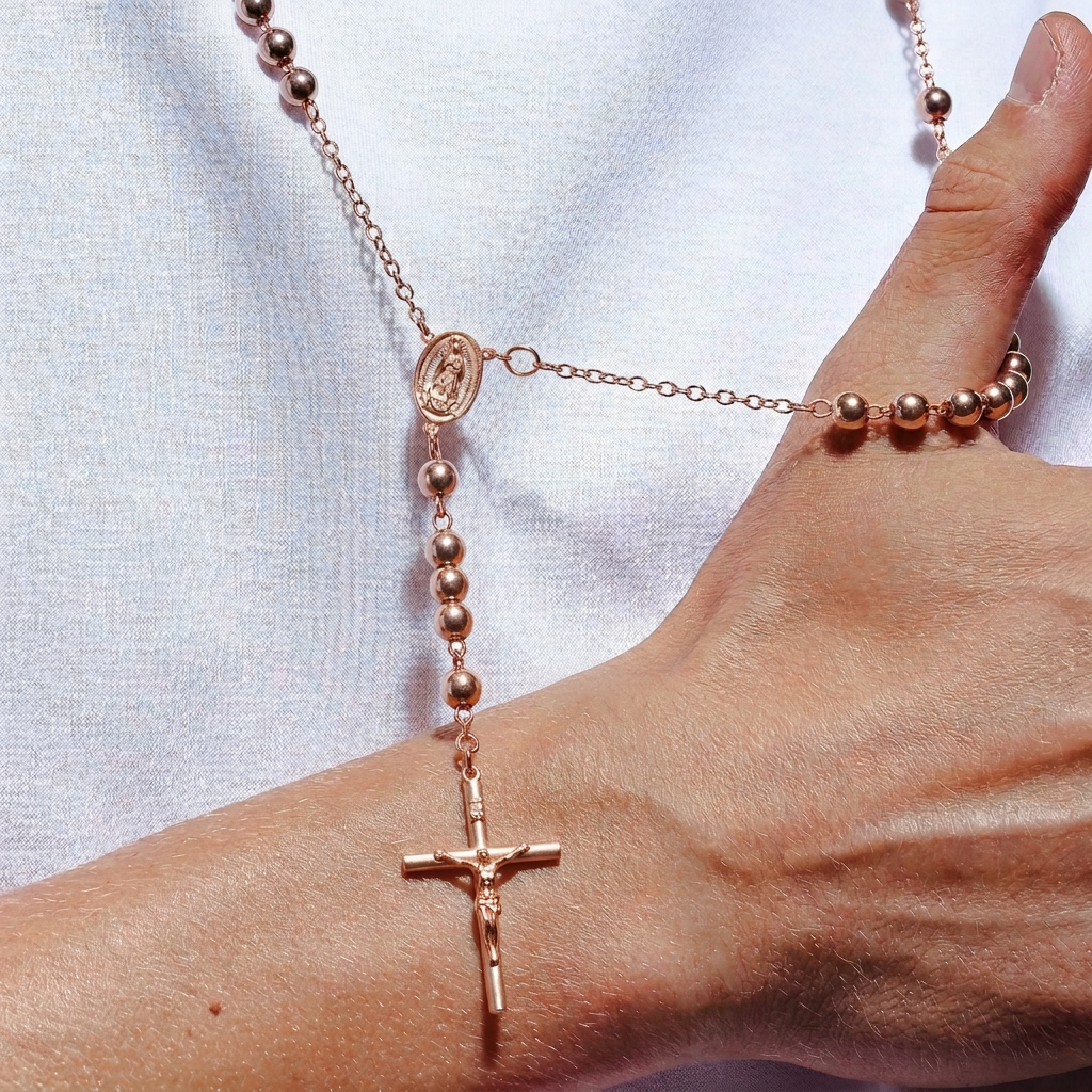 Rose Gold Plated Sterling Silver High Polished Rosary Chain, view 2