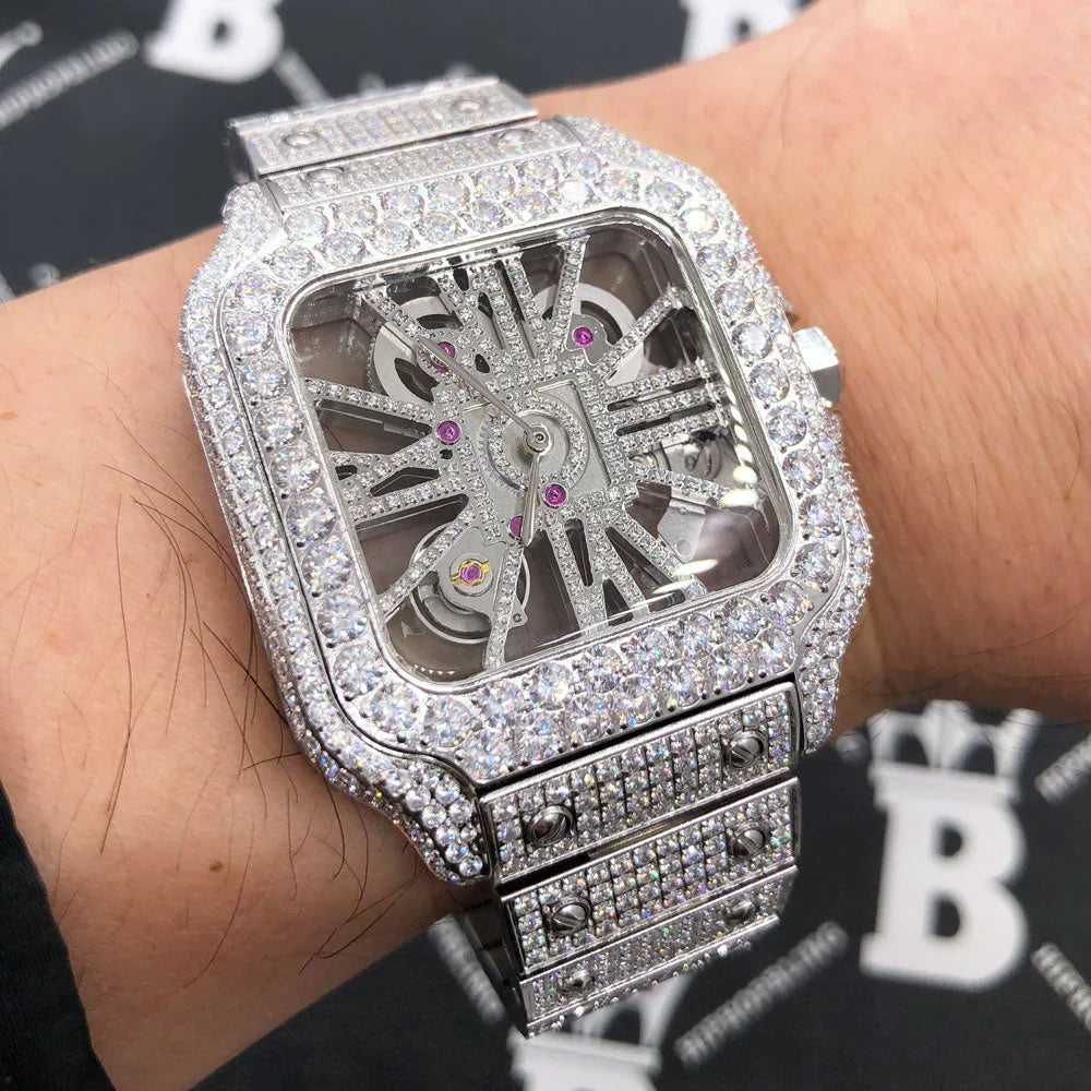 20 CT VVS Moissanite Skeleton Iced Out Automatic Watch, view 3