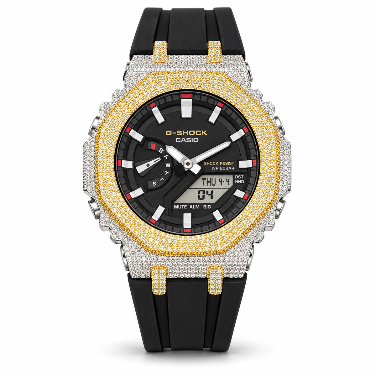 Iced Out Moissanite G-Shock Watch – Two-Tone Yellow & White Bezel, Black Band
