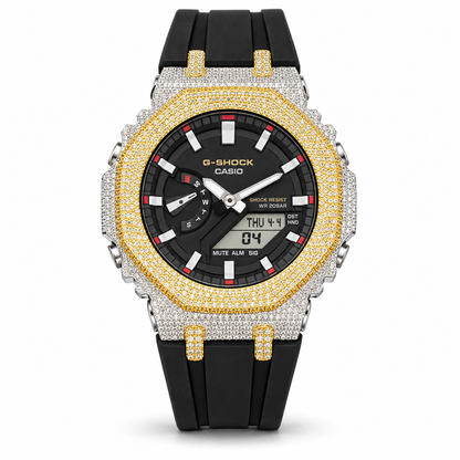 Iced Out Moissanite G-Shock Watch – Two-Tone Yellow & White Bezel, Black Band