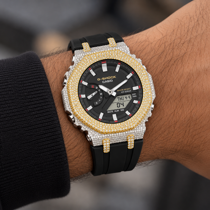 Iced Out Moissanite G-Shock Watch – Two-Tone Yellow & White Bezel, Black Band, view 4