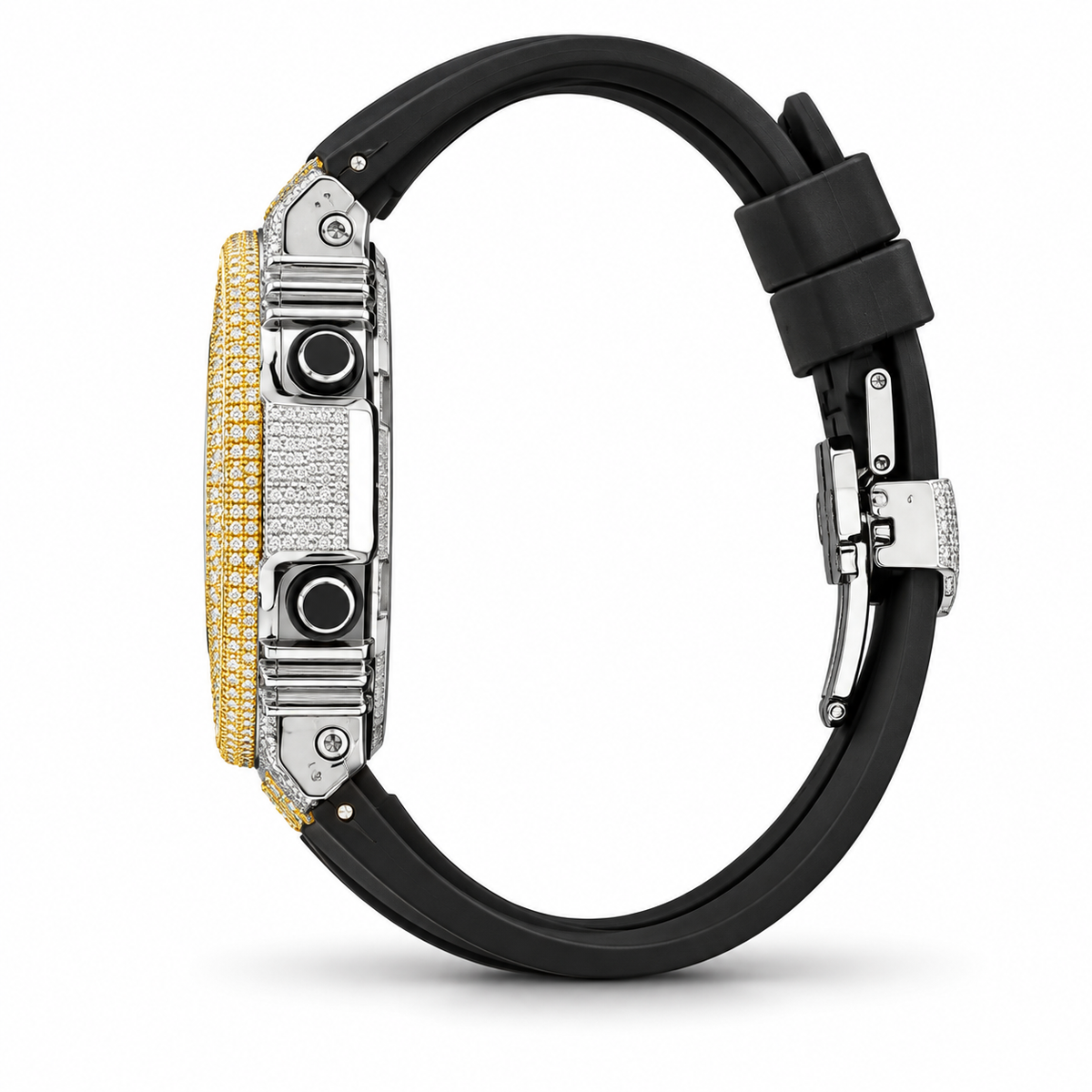 Iced Out Moissanite G-Shock Watch – Two-Tone Yellow & White Bezel, Black Band, view 3