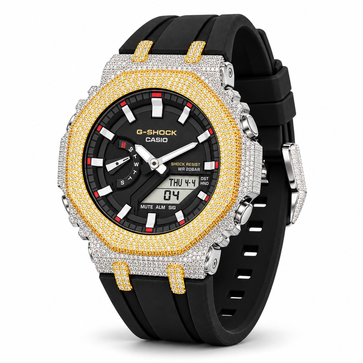 Iced Out Moissanite G-Shock Watch – Two-Tone Yellow & White Bezel, Black Band, view 2