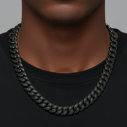 15mm Black Moissanite Miami Cuban Chain – 925 Sterling Silver, Black Finish, view 2