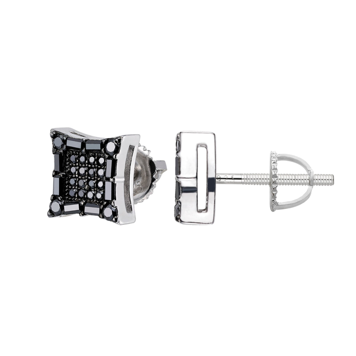 Kite Square Baguette Black Moissanite Stud Earrings – 925 Sterling Silver, Black Finish, 0.68 CTW