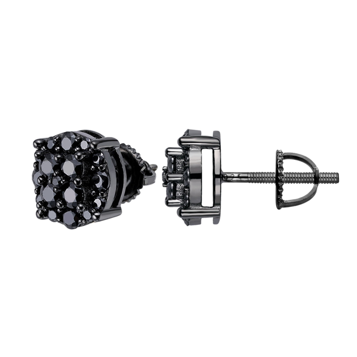 Large Round Cluster Black Moissanite Stud Earrings – 925 Sterling Silver, Black Finish, 1.12 CTW