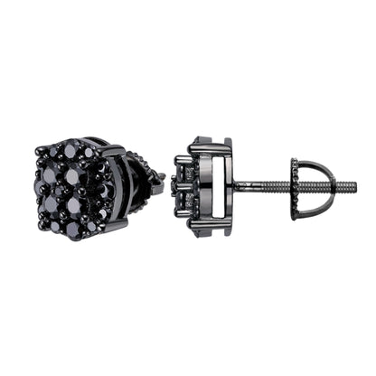 Large Round Cluster Black Moissanite Stud Earrings – 925 Sterling Silver, Black Finish, 1.12 CTW