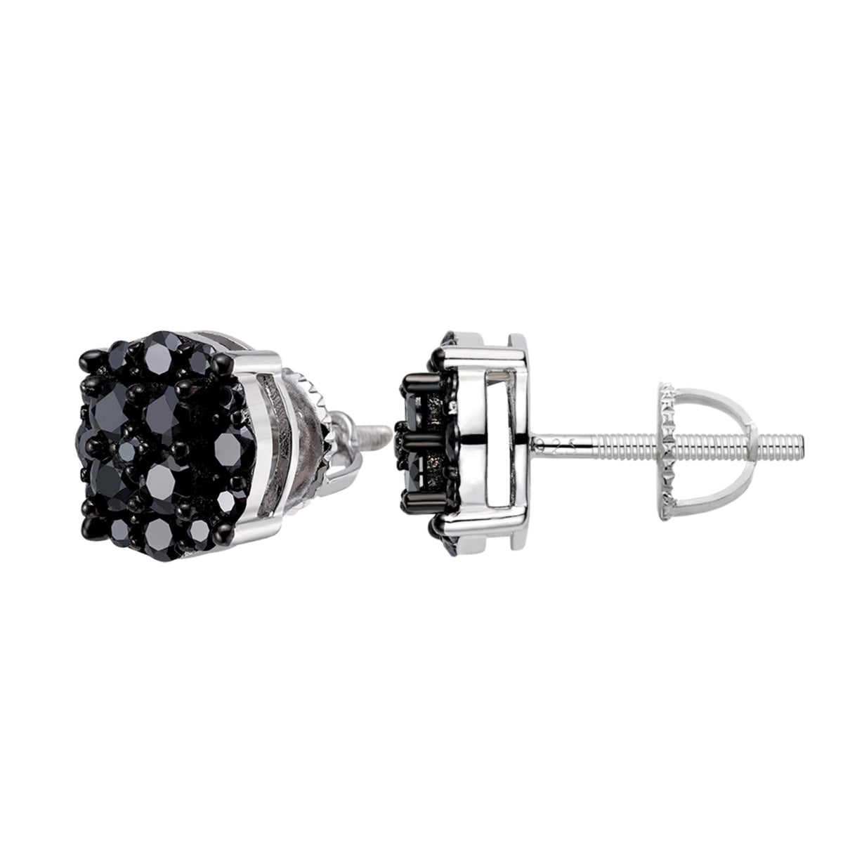 Round Cluster Black Moissanite Stud Earrings – 925 Sterling Silver, Black Finish, 1.12 CTW
