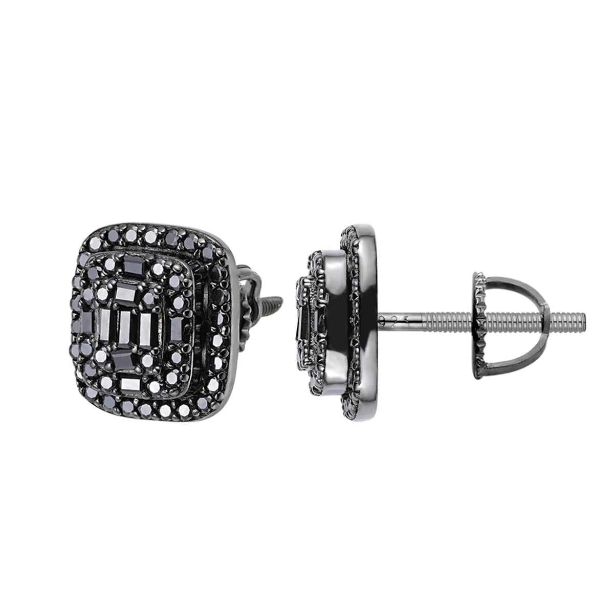 Square Cushion Black Moissanite Stud Earrings – 925 Sterling Silver, Black Finish, 0.70 CTW