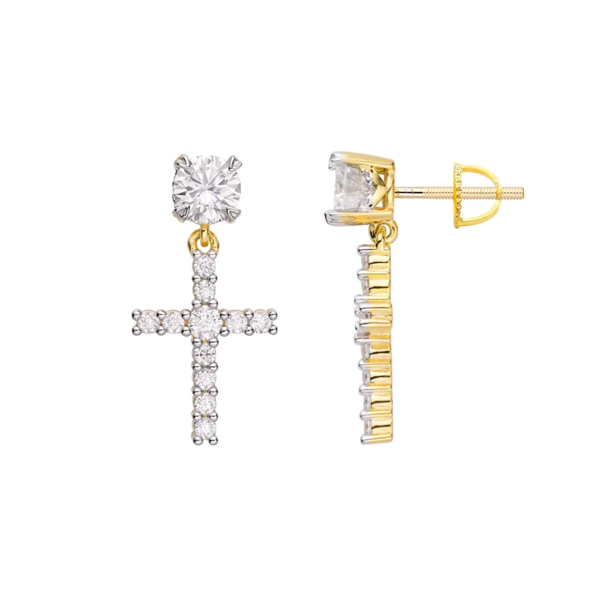 Hanging Cross VVS D Moissanite Drop Earrings – 925 Sterling Silver, 14K Yellow Gold Finish, 0.90 CTW