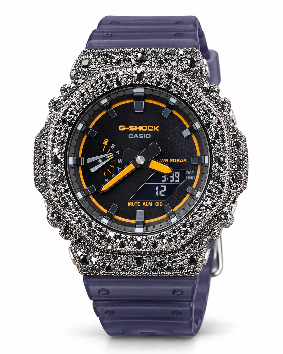 Iced Out Moissanite G-Shock GA-2100 Watch – Blue Smoke Band, Black Stone Pavé Case – view 3