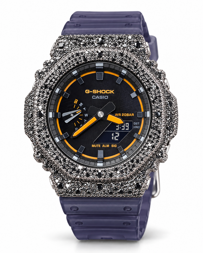 Iced Out Moissanite G-Shock GA-2100 Watch – Blue Smoke Band, Black Stone Pavé Case – view 3