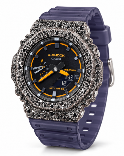 Iced Out Moissanite G-Shock GA-2100 Watch – Blue Smoke Band, Black Stone Pavé Case – view 1
