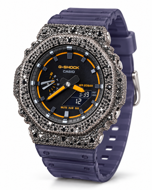 Iced Out Moissanite G-Shock GA-2100 Watch – Blue Smoke Band, Black Stone Pavé Case – view 1