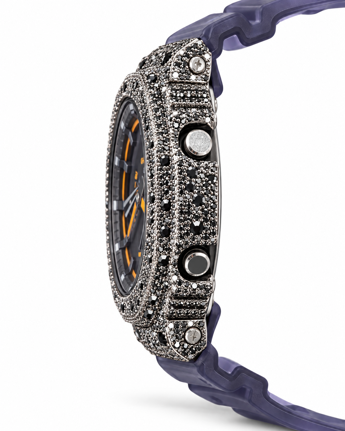Iced Out Moissanite G-Shock GA-2100 Watch – Blue Smoke Band, Black Stone Pavé Case – view 4