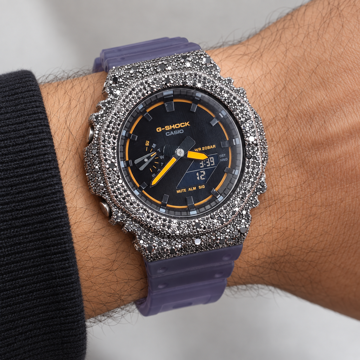 Iced Out Moissanite G-Shock GA-2100 Watch – Blue Smoke Band, Black Stone Pavé Case – view 2