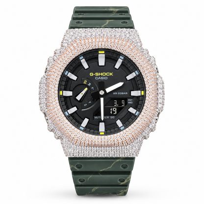 Iced Out Moissanite G-Shock GA-2100 Watch – Green Camo Band, Two-Tone Pavé Case – view 1