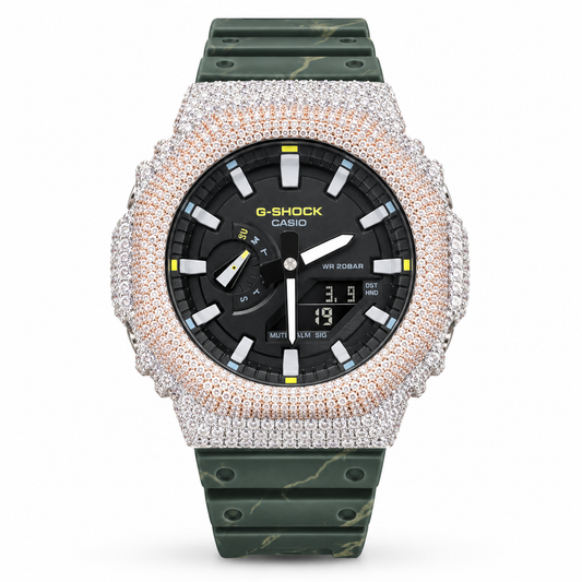 Iced Out Moissanite G-Shock GA-2100 Watch – Green Camo Band, Two-Tone Pavé Case – view 1